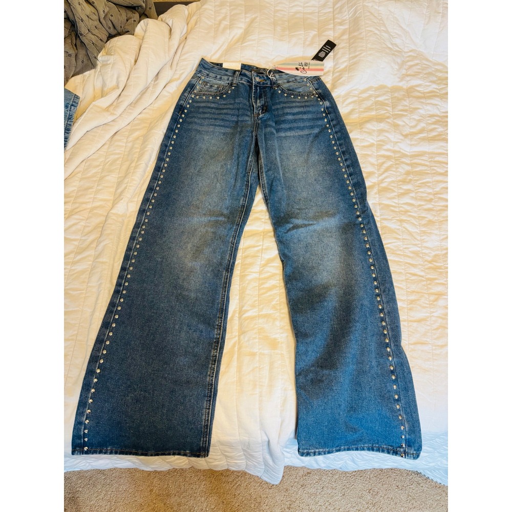 Cali 1850 Womens Studded Wide Leg Jeans‎ Medium Wash Blue Denim Size 1 NEW - Picture 7 of 9